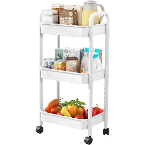 3 Tier Utility Rolling Cart with Handle, Multifunctional Storage Organizer Rolling Carts with Wheels for Bathroom Office Living Room (White)