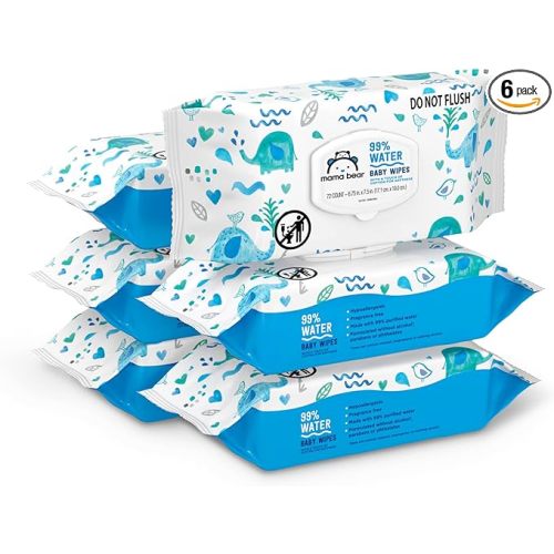Amazon Brand - Mama Bear 99% Water Baby Wipes, Hypoallergenic, Fragrance Free, 432 Count (6 Packs of 72)
