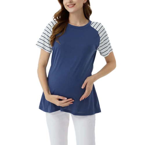 ZVNAH Womens Maternity Tops Short Sleeve Crew Neck Patchwork Color Comfty Tees Pregnant Shirts