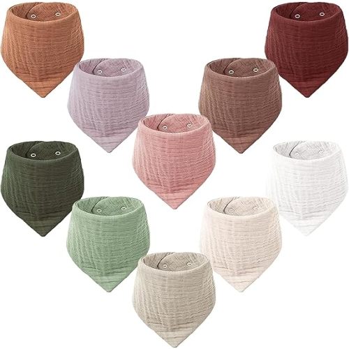 Konssy 10 Pack Baby Muslin Bandana Bibs for Drooling and Teething | 100% Cotton, 6-Layer Bibs, Pre-Washed Soft & Absorbent, Adjustable Neck Fit, Boys & Girls 0-36M