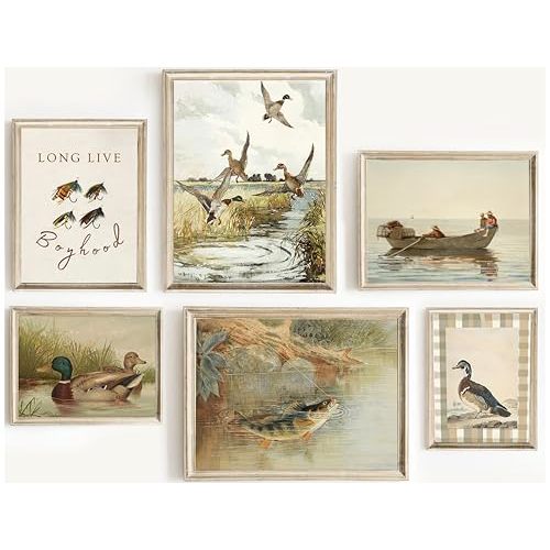 Vintage Nursery Wall art Fishing water bird Baby Boy Room Wall Decor Rustic Farmhouse Animal Mallards Marsh Landscape Poster Print Artwork for Children's Room Bedroom Home Decoration Unframe