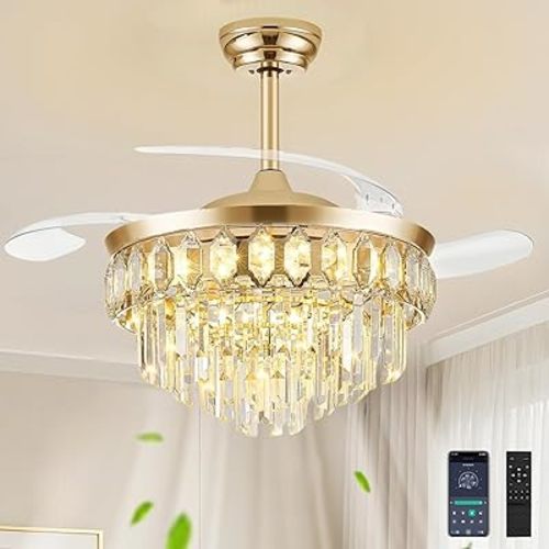 42 Inch Fandelier Ceiling Fan with Light, Chandelier Fan Retractable Ceiling Fan for Bedroom, Living Room, LED Dimmable, 3 Color, 6 Wind Speed-Gold