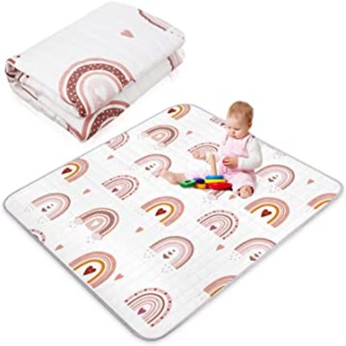 Funtery 43 x 43 Inch Boho Baby Play Mat Portable Crawling Washable Foldable Tummy Time Non Slip Baby Floor Large Playpen Mat for Infants Toddlers Floor Playpen Activity(Boho Rainbow)