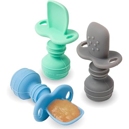 UpwardBaby Self-Feeding Spoon - Anti Choke Barrier - Silicone Baby Spoons Toddler Utensils for Home & Travel, Textured Tips Massage Gums & Baby-Led Weaning (Blue/Gray/Mint)