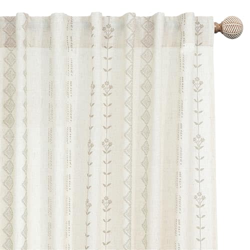 94 Inch Boho Floral Curains,Linen Farmhouse Pattern Semi Sheer Curtains for Living Room Bedroom 94 in Long 2 Panels Set Taupe