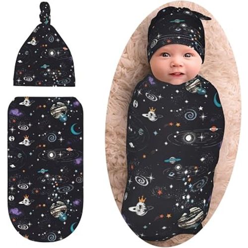 Space Galaxy Swaddle with Beanie Set, Soft and Stretchy Constellation Swaddlling Blanket for Boy and Girl Gift