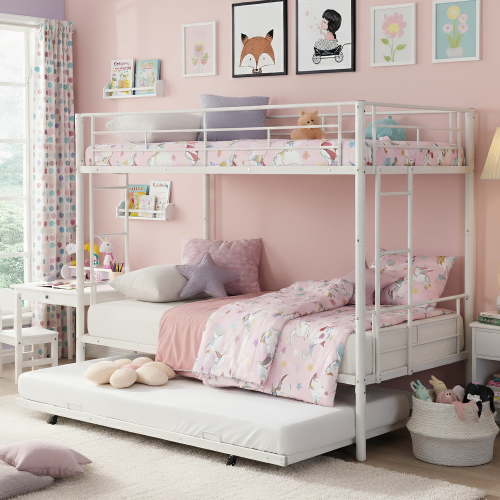 Twin Over Twin Bunk Bed with Trundle, LEGAHOME White Metal Bunk Bed For Teens, Heavy Duty Convertible BunkBeds for 350lbs Weight Capacity, White