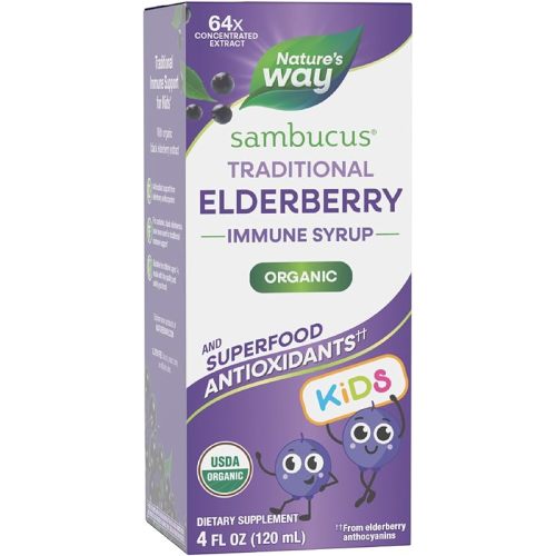 Nature's Way Sambucus Traditional Elderberry Immune Syrup for Kids, Concentrated Black Elderberry Extract, Traditional Immune Support*, with Superfood Antioxidants(1), 4 Fl Oz (Packaging May Vary)