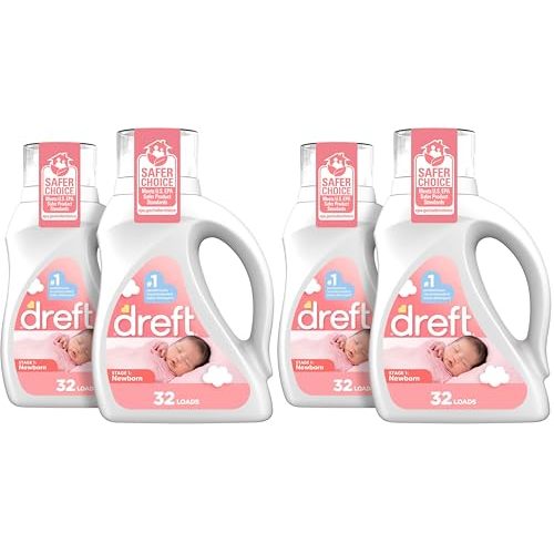 Dreft Newborn Baby Liquid Laundry Detergent,Gentle on Sensitive Skin,HE Compatible,32 loads each,(Pack of 4)