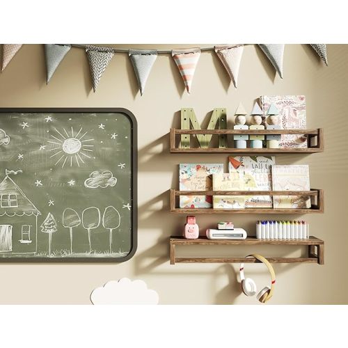 Upgraded Thick Floating Shelves - 24 Inch Multi-Use Wall-Mounted Bookshelves for Kids and Nursery, Ideal for Books, Toy, Spice Rack, Decor - Walnut Brown