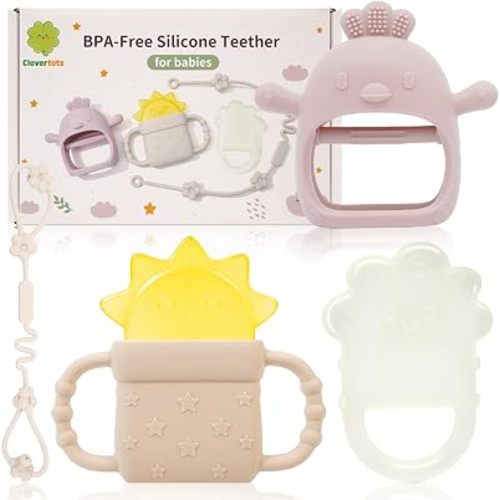 Newborn Gift Set, Silicone Teething Toys – Chick Hand Teether, Freezable Water-Filled Sun & Cloud Teethers, Soothing Sore Gums Teether with Anti-Drop Clip for Baby Boys Girls 0-12 Months - Pink