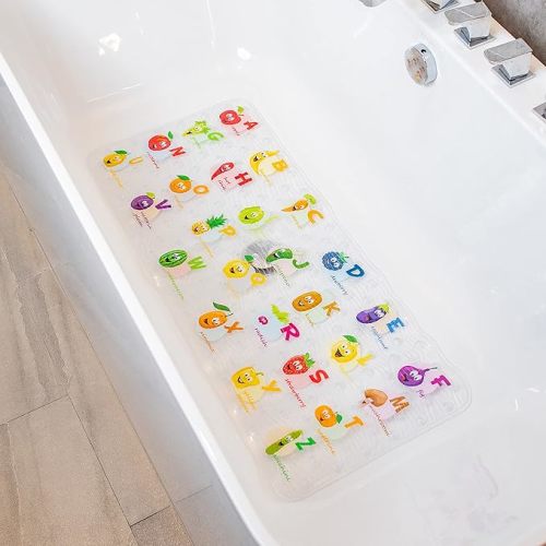 BEEHOMEE Polyvinyl Chloride (PVC) Bath Mat, Alphabet, Square, XL Size, 35x16 inch, Textured Pattern, Suction Cups - Bath Mats for Tub Kids