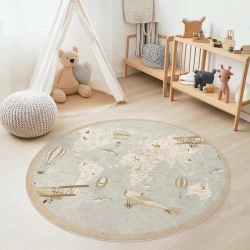 Vintage World Map Round Rug, Hot Air Balloon Kids Rug, Travel Theme Nursery Decor, Playroom Carpet, Educational Area Rug