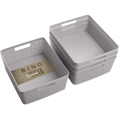 BINO | Woven Plastic Basket | Small (Natural Grey), 4-Pack | THE JUTE COLLECTION | Home Organization, Space - Saving Storage, Stylish Design | Jute Basket | Plastic Storage Basket