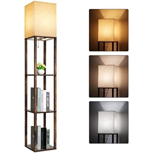 RUNTOP Floor Lamp with Shelves, Modern Shelf Lamp for Display Storage, 3 Color Temperature Wood Narrow Standing Corner Lamp with 8W Bulb for Living Room Decor, Bedroom, Office, Home Decor(Brown)