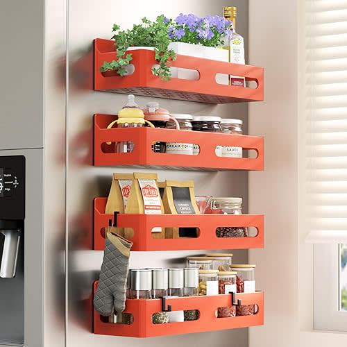 4 Pack Strong Magnetic Spice Rack for Refrigerator, Multipurpose Magnetic Shelf for Fridge with 4 Hooks for kitchen and Bathroom Organization, Orange