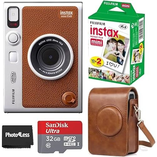 Fujifilm Instax Mini EVO Hybrid Brown Instant Camera | Instax Mini Twin Pack Instant Film | 32GB microSD Card with Adapter | Brown Camera Case