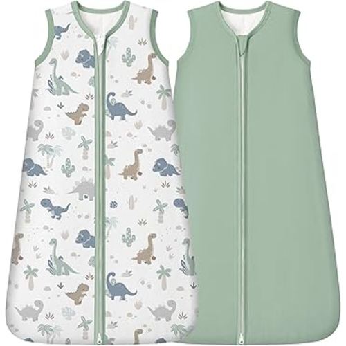 FIEMOL Rayon Made from Bamboo Baby Sleep Sack 6-12 Months, 1.0 Tog Baby Wearable Blanket, Soft Sleeping Bag for Newborn Infant Babies with 2-Way Zipper 2 Pack (Medium) Green Dinosaur