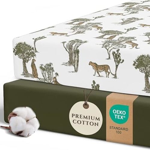 Pobibaby 2 Pack Fitted Crib Sheets for Boys - Premium Cotton Blend Baby Safari Crib Sheet Set, Soft Breathable Toddler Bed Sheets for Standard Mattress, Wild Animal Nursery Bedding 52x28 (Safari)