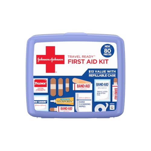 BAND-AID Brand Travel Ready Portable First Aid Kit, 80 Piece | Emergency Essentials for Minor Wound Care, Bandages, Neosporin & Tylenol, Perfect for Home, Car, Camping, Outdoors & Travel