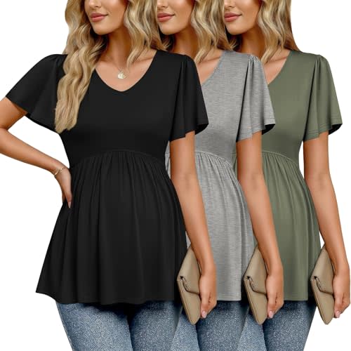 Ekouaer Maternity Shirts 3 Packs Summer Pregnancy Clothes Tops for Work | Pleated V Neck Maternity Outfits, Flying Short Sleeve Maternity Blouse T-Shirt Gifts for Pregnant Women
