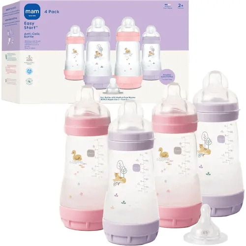 MAM 9oz Easy Start Anti-Colic Baby Bottles, Medium Flow with Bonus Fast Flow Nipple, Breastfeeding-Like Silicone, Reduces Colic and Gas, Easy-to-Clean, BPA-Free, 2 Plus Months