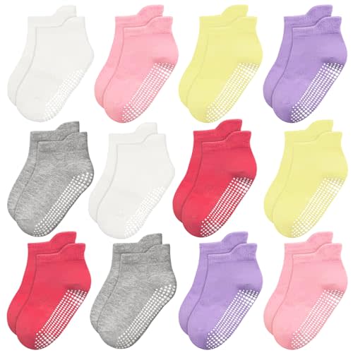 HYCLES Toddler Girl Socks, 12 Pairs Non Slip Ankle Toddler Socks for 1-7 Years Baby Girls Kids