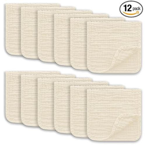 Muslin Burp Cloths Large 100% Cotton Hand Washcloths for Boys & Girls, Baby Essentials Extra Absorbent and Soft Burping Rags for Newborn Registry (Ivory, 12-Pack, 20" X10")