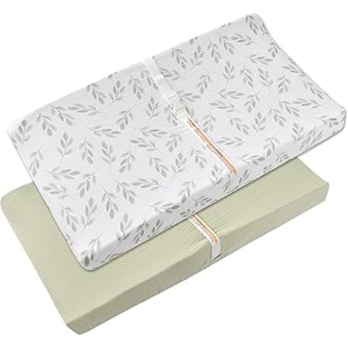 Changing Pad Cover - 100% Organic Cotton Muslin Changing Pad 2 Pack (Green leaves)