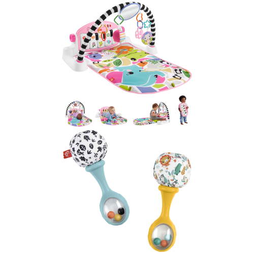 Fisher-Price Glow and Grow Kick & Play Piano Gym Baby Playmat and Rattle ‘n Rock Maracas Toy Bundle for Newborns, Pink