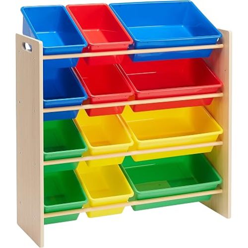 Amazon Basics Kids Toy Storage Organizer With 12 Plastic Bins, Natural Wood, Multicolor, for Bedroom and Playroom, 33.85"D x 12.79"W x 35.42"H