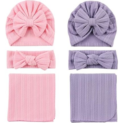 OMUKY Newborn Receiving Blanket Bow Headband and Beanie Set Baby Swaddle Receiving Blankets Baby Boy Girls Nursery Swaddle Wrap(Light Pink+Purple)