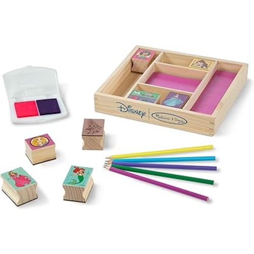 Melissa & Doug Disney Princess Wooden Stamp Set: 9 Stamps, 5 Colored Pencils, and 2-Color Stamp Pad Disney Princess Coloring, Stamps with Washable Ink, for Kids Ages 4+