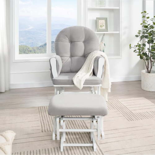Brisbane Nursery Glider & Ottoman Set - Reclining Glider Rocker Chair for Breastfeeding, Maternity, & Comfort, White,Gray-Cushion Color:Gray,Finish:White
