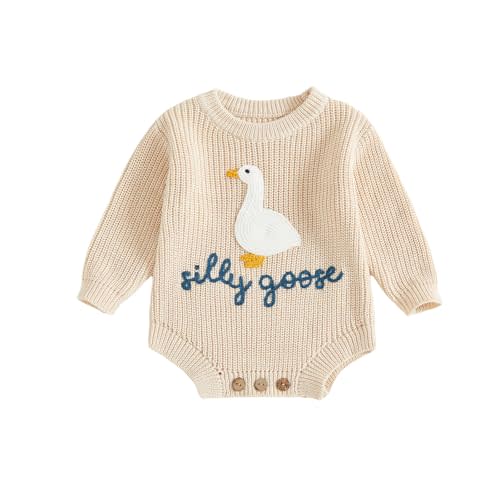 LZUBCPY Baby Girl Boy Sweater Romper Silly Goose Embroidery Chunky Knit Sweaters Bodysuit Neutral Newborn Fall Winter Clothes