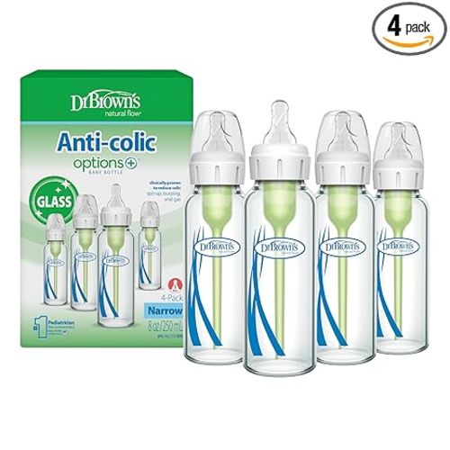 Dr. Brown's Anti-Colic Options+ Narrow Glass Baby Bottle with Level 1 Slow Flow Nipple, BPA-Free, 8 oz/250 mL, 0m+, 4-Pack (Packaging May Vary)
