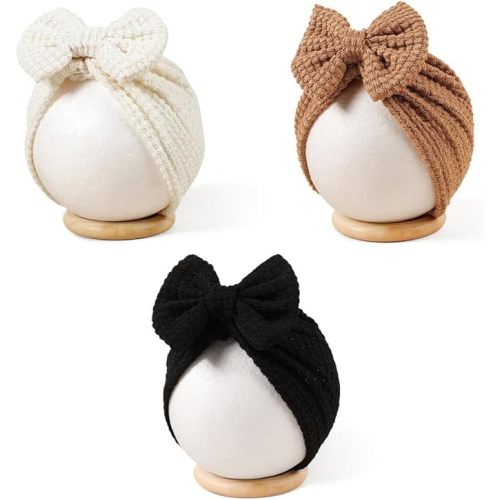 3 Pack Velvet Baby Turban Hats with Bow, Stretchy Baby Head Cover Beanies for Newborn, Toddler, Infant Head Wraps