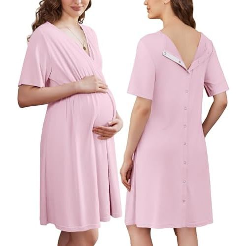 Ekouaer Labor and Delivery Gown for Hospital Short Sleeve Maternity Nursing Dress Nightgown with Button S-XXL