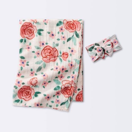 Hospital Muslin Swaddle Baby Blanket and Headband Gift Set - Floral Blooms - 2pk - Cloud Island™