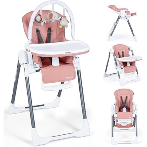 INFANS High Chair for Babies and Toddlers, Foldable Highchair with 7 Different Heights 4 Reclining Backrest Seat 3 Setting Footrest, Removable Tray Built-in Rear Wheels with Locks