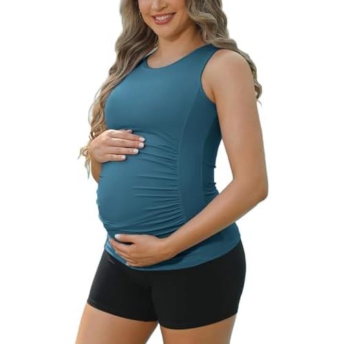 ATTRACO Women's Maternity Tank Tops with Built in Bra Side Ruched Sleeveless Pregnancy Tank