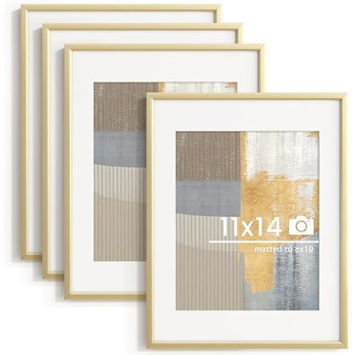 11x14 inch Metal Picture Frame - 11 x 14 Thin Aluminum Photo Frames with 8x10 Removable Mat - High Definition Plexiglass - Vertical and Horizontal Display - Wall Hook Hanging Hardware Included - Gold, Set of 4
