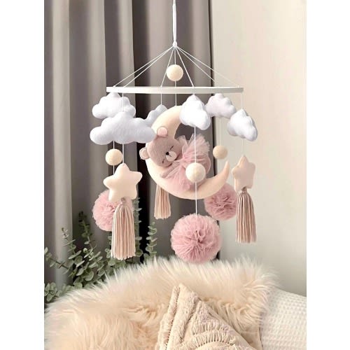 Bear on the Moon Baby Mobile: Pink Nursery Decor, Handmade Crib Decoration