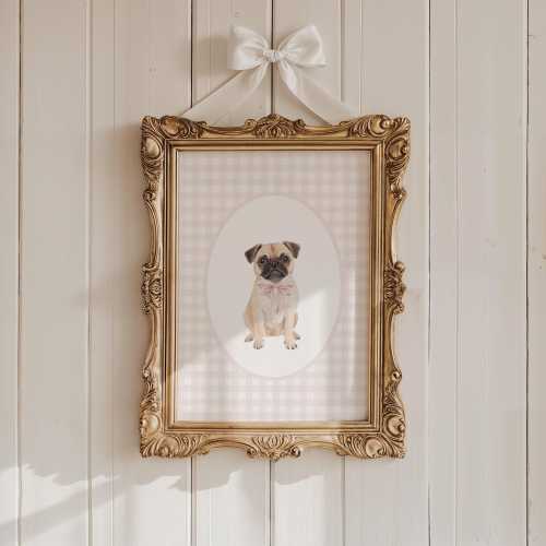Fawn Pug Nursery Decor, Watercolor Dog Nursery Print, Baby Girl Nursery, Girl Room Pink Gingham Coquette Pink Bow Art, Dog Theme Nursery Art