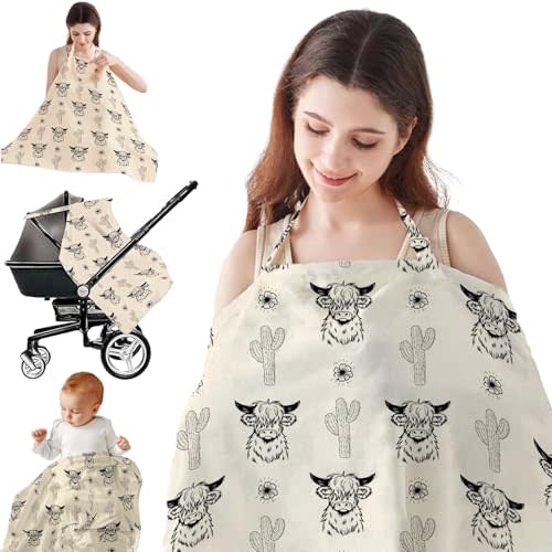 Nursing Covers for Breastfeeding, Breathable Cotton Nursing Apron，Privacy Breast Feeding Cover with Arch Neckline for New mom, Multi-use Stroller Cover，Western Cowgirl Mom Stuff