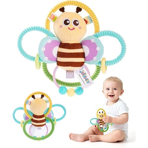 Jollybaby Soft Baby Rattles & Plush Rings Toy for Newborn 0-3-6-12 Months, Sensory Developmental Hand Teether Toys for Infant 0-2-4-7-8-9 Months, Baby Shower & Birthday Gifts - Bee