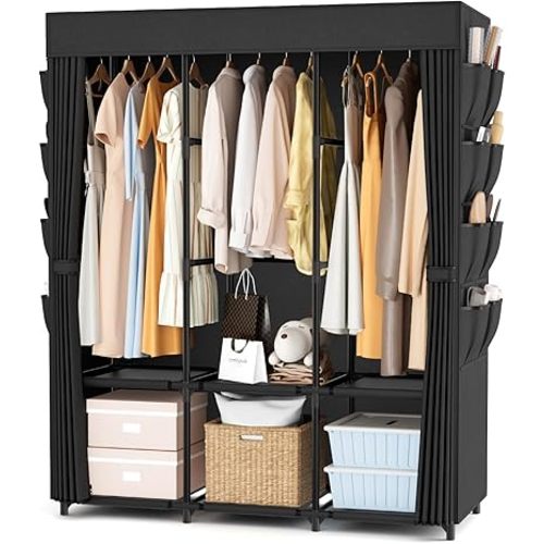 Wardrobe Closet Portable Closets for Hanging Clothes Large Capacity Clothes Rack with Cover, 3 Hanging Rods, 6 Shelves and 8 Pockets, Strong and Stable Free Standing Closet for Bedroom, Black