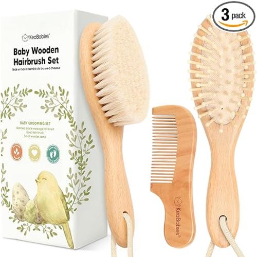 Baby Hair Brush Set for Newborns - Soft Goat Bristle Wooden Baby Brush and Comb Set Newborn Grooming Kit for Cradle Cap, Durable & Gentle, Boy, Girl Infant Essentials Care Kit (Regular, Walnut)