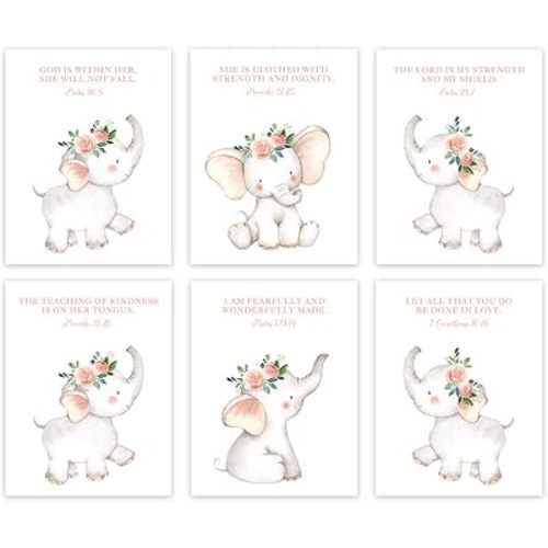 Andaz Press Girl Floral Elephant Pink Peach Theme Nursery Kids Bedroom Hanging Wall Art Decor, 8.5x11-inch, Christian Bible Verses, 6-Pack, Unframed Room Poster