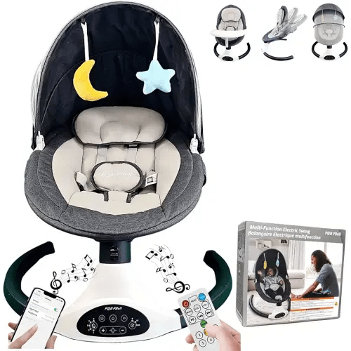 “5-Speed Electric Baby Swing for Newborns & Infants – Bluetooth Music & Remote Control, Portable Infant Bouncer with Timer, Memory-Foam Seat, 5-Point Harness & Plush Toys”(Black)